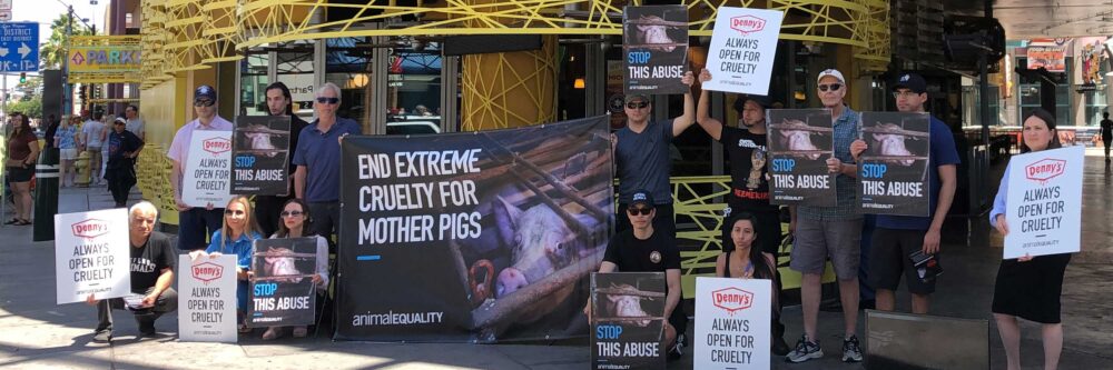 protestors outside Denny's flagship store in Las Vegas, NV