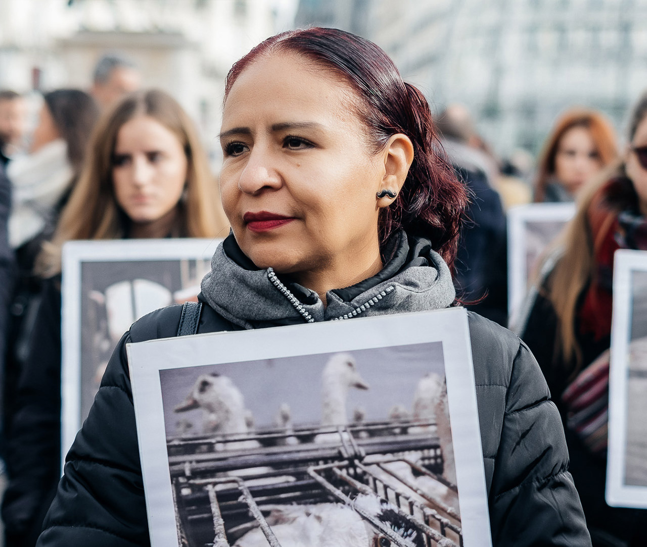 Volunteer with banner against foie gras