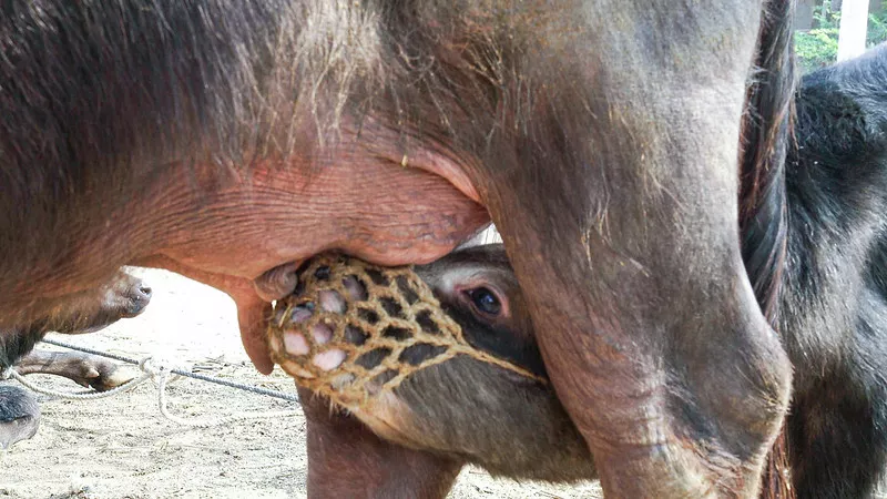 Dairy cow trying to take food from mother