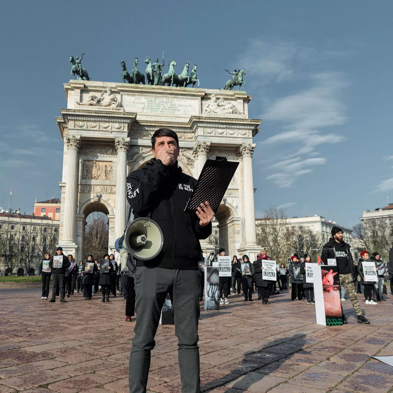 Matteo Cupi speaking during the International Animal Rights Day protest in Italy