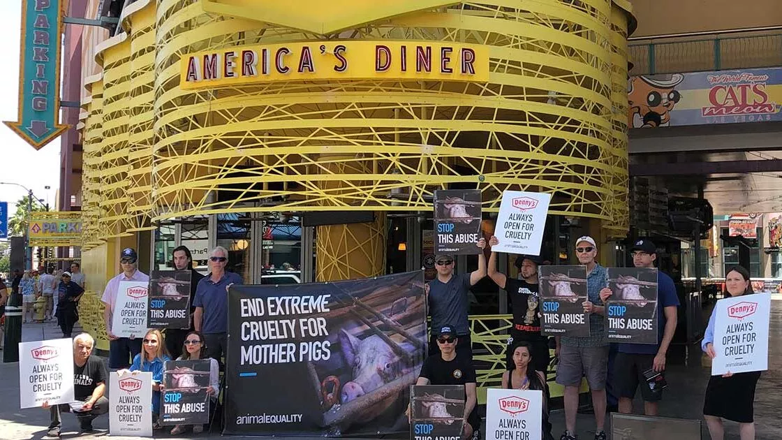 protestors outside Denny's flagship store in Las Vegas, NV