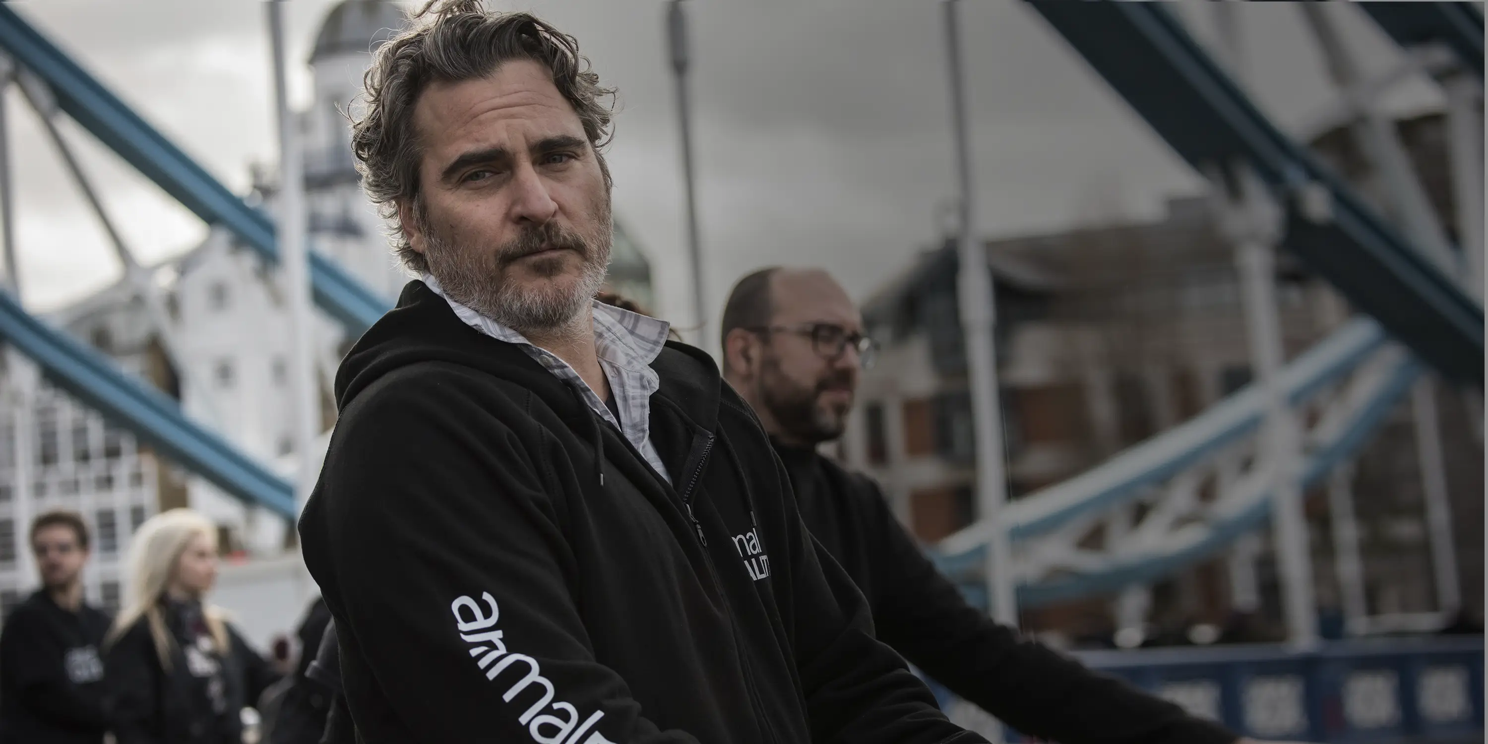 Joaquin Phoenix protesting with Animal Equality against the use of animals